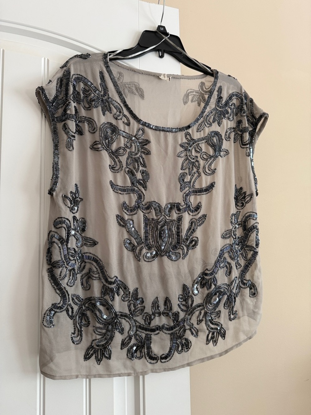 Anthropologie Taupe Sheer Beaded Scoop Neck Top